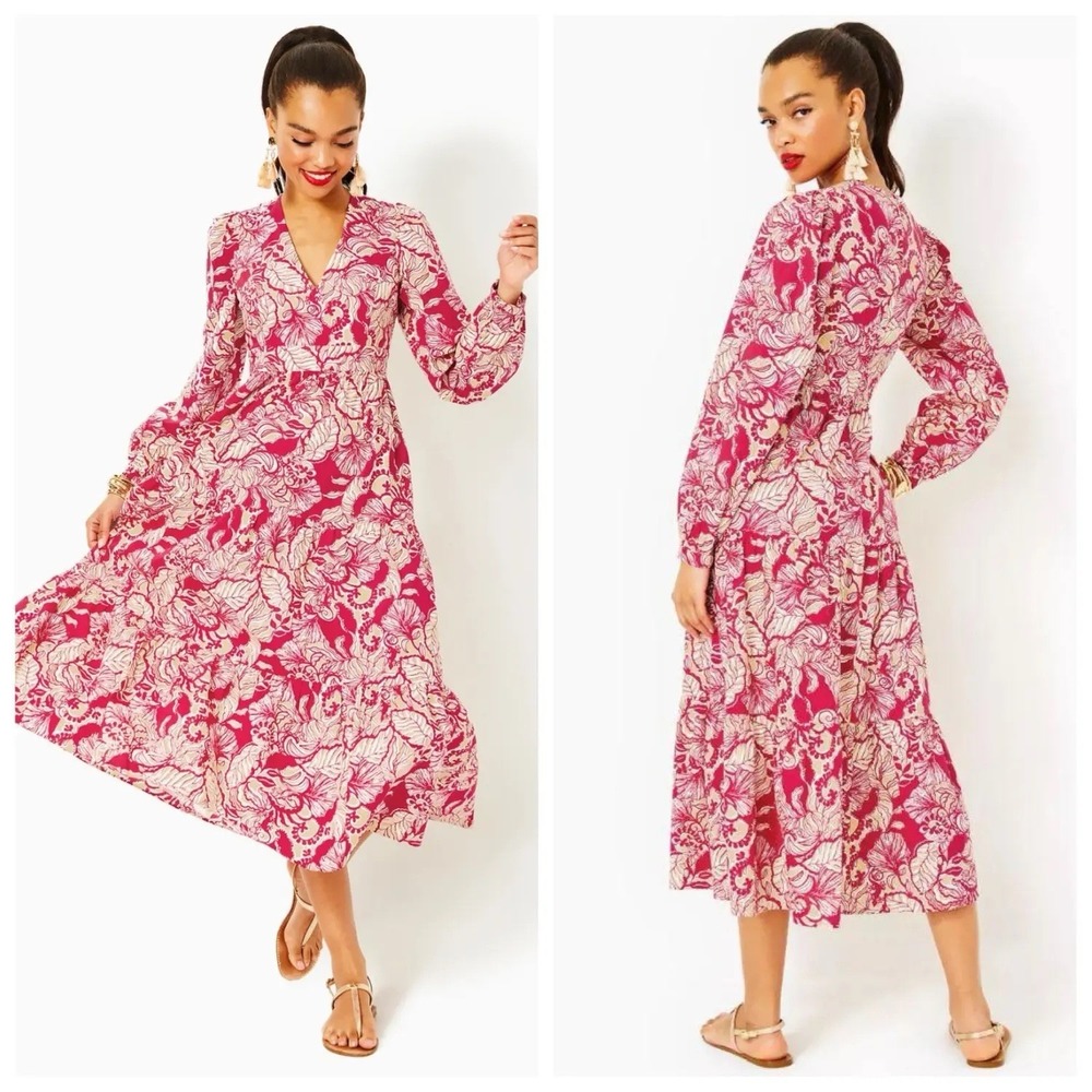 Lilly Pulitzer Sz 14 Tropical Floral Balloon Long Sleeve‎ Fit & Flare Midi Dress